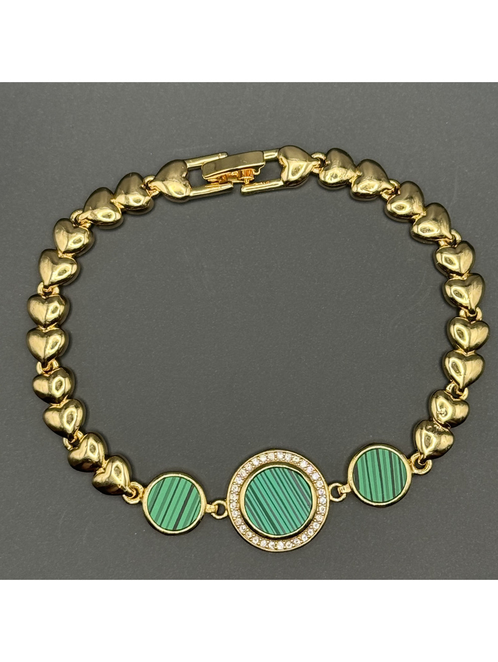 candy+clover Green Striped Enamel Cabochon Gold Heart Link Bracelet